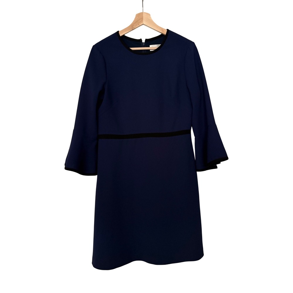 Eliza J Navy Blue Bell Sleeve Modern Preppy Sheath Dress with Black Trim Sz 10